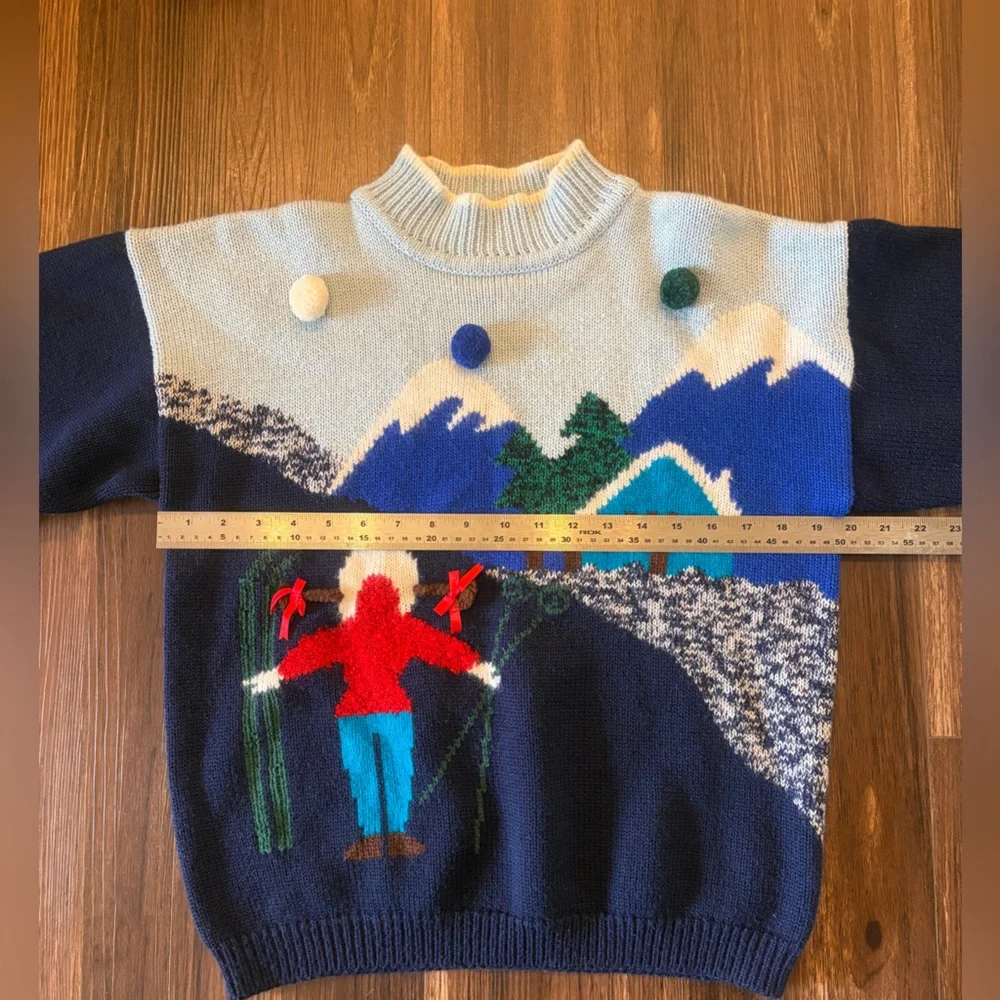 Vintage Ski Cabin Knit Sweater in Navy, Light Blue & Red - Picture 15 of 15